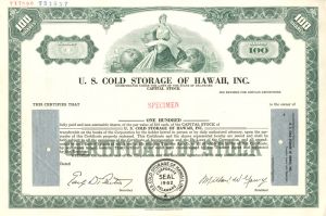 U.S Cold Storage Of Hawaii, Inc - Hawaiian Stock Certificate
